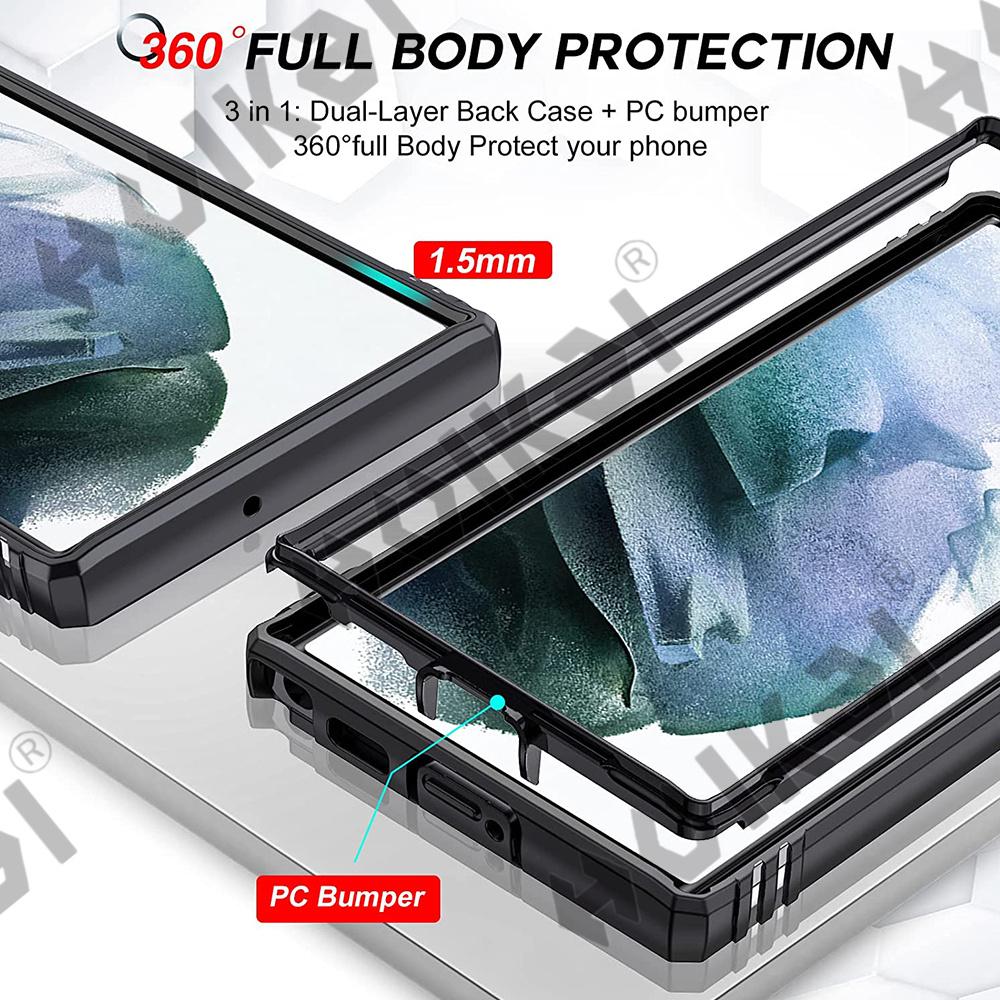 Fodral för Samsung S23 S22 S21 S20 Fe Note 20 Ultra Plus A53 A33 A52s A52 A32 5g Heavy Duty med kamera 360 graders Kickstand Cover