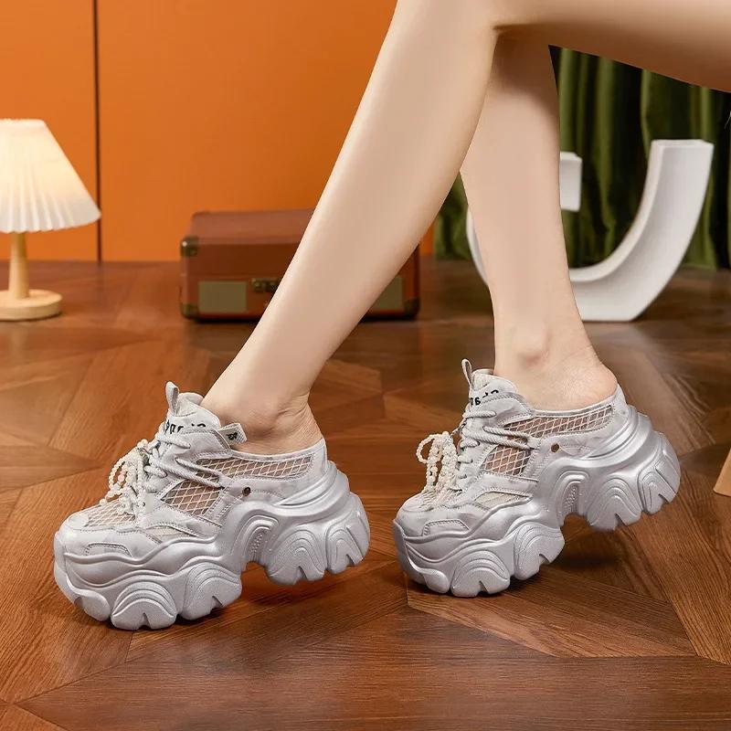 Fashion 9CM Breathable Mesh Synthetic Slippers Bling Casual Vulcanize Hollow Shoes Summer Chunky Sneakers Platform Wedge Sandals Woman