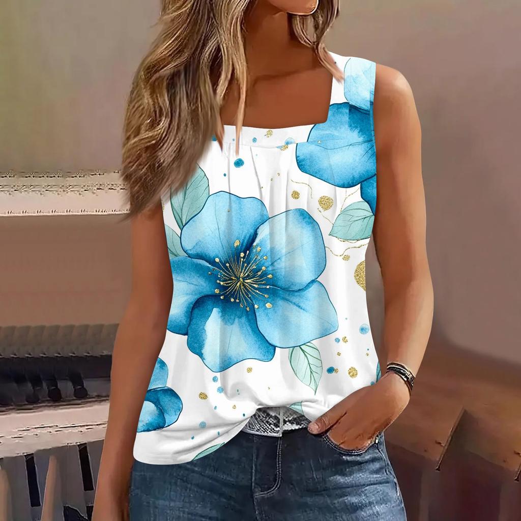 Débardeur sans manches plissé à col carré pour femme, T-shirt à imprimé floral
