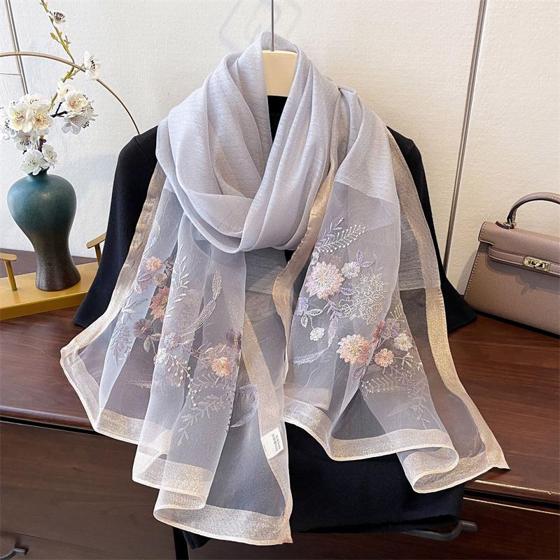 Elegant Long Embroidered Silk Feeling Scarf Women'S Fashion Spring New Style Shawl Wrap Outerwear Trendy Floral Pattern Stylish