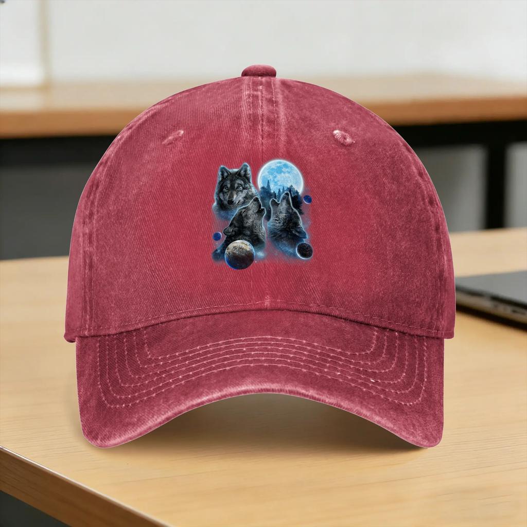 Three Wolf Howling and Moon Washed Baseball Cap  Vintage Sun Trucker Hat Summer UnisexTeens Hiking Fishing Snapback Cap