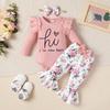 0-18M Herbst Neugeborenes Baby Mädchen 3-teiliges Outfit Rüsche Langarm Gerippter Body Schlaghose Schleifen Stirnband Säuglingskleidung Set