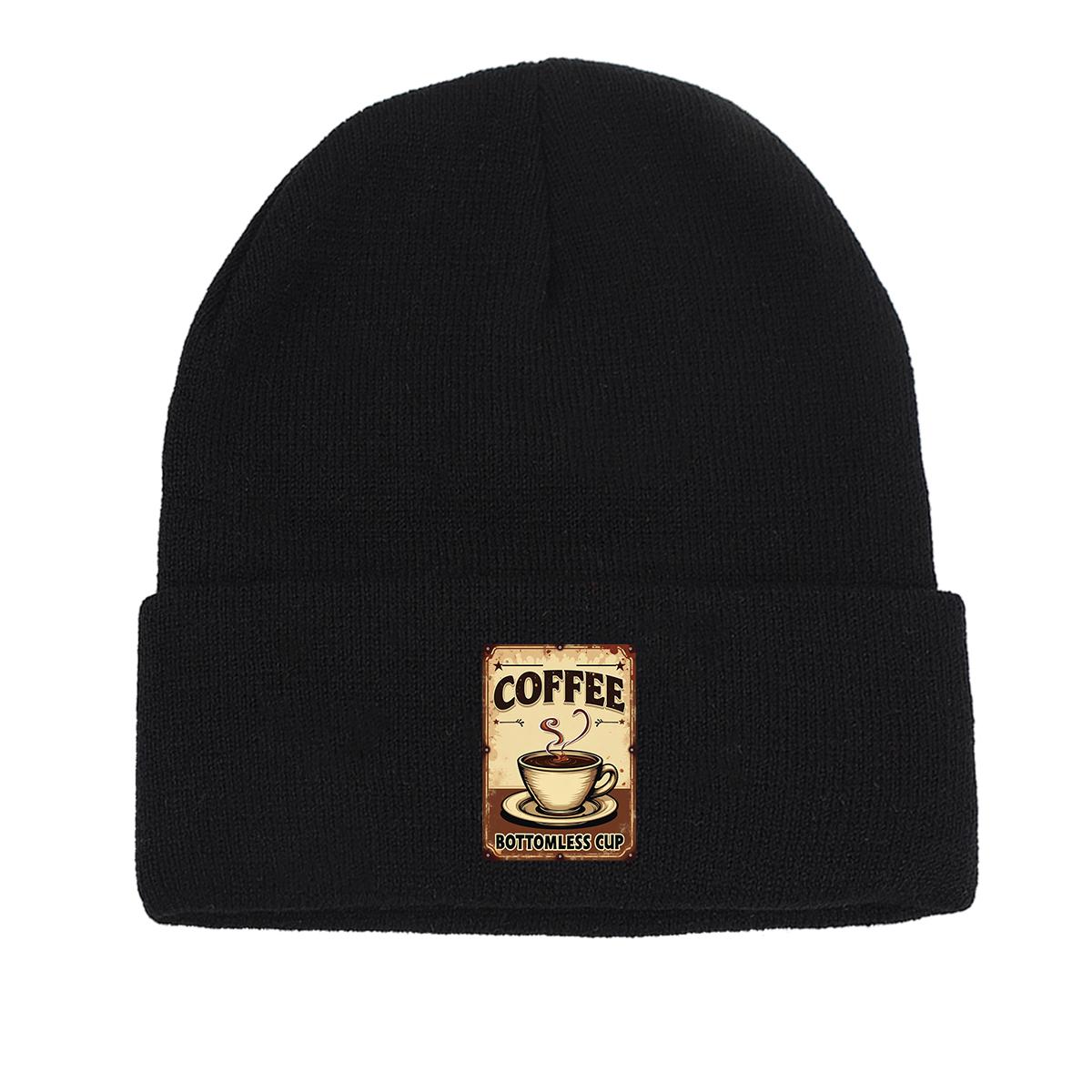 

COFFEE Series Print Knitted Cap Beanie, Slouchy Leisure Knit Hat Beanie as the picture чёрный