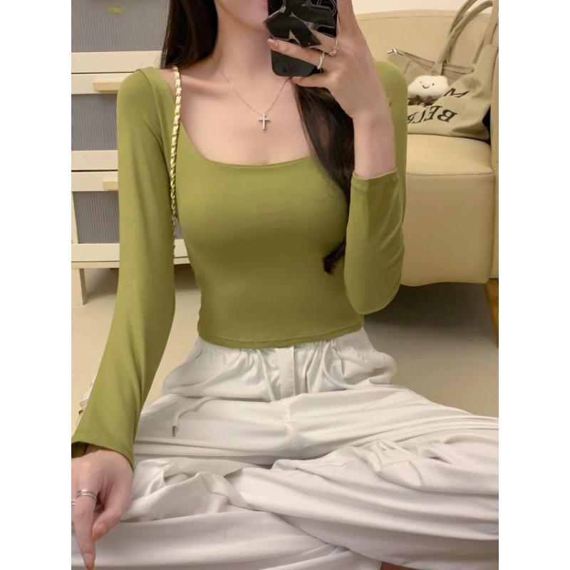 Clavicular-bone Cotton Autumn New Long Sleeve Pure Desire for Simple Style Slimming All Wear Outside Wear Inside Long Sleeve Base Shirt