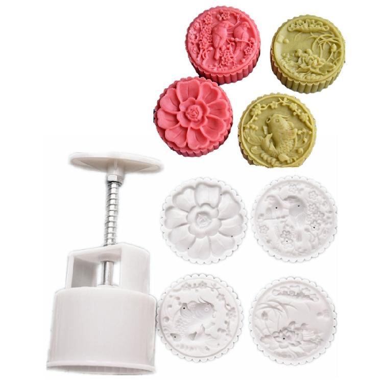 Chinese Traditional Mid-Autumn Mooncake Mold Set 4Pcs Different Round  Flower Patterns for Mooncake Biscuit Stamping