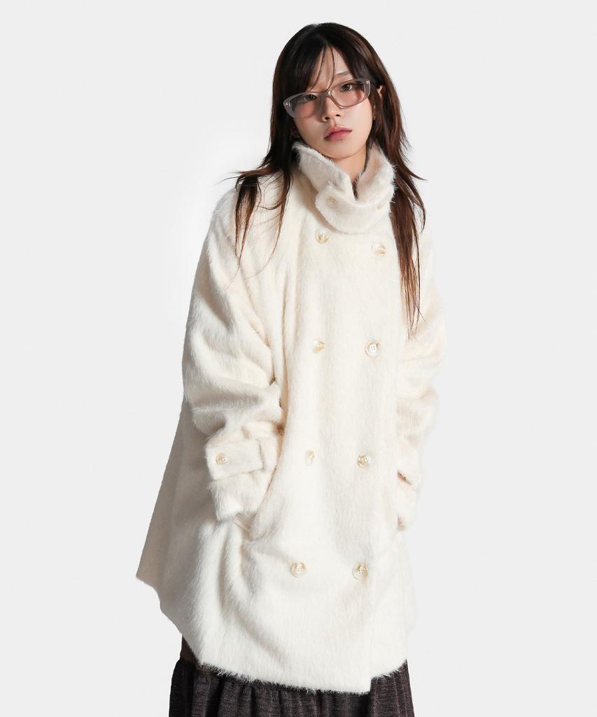 JIDOTEU High Neck Double Fur Coat Ivory