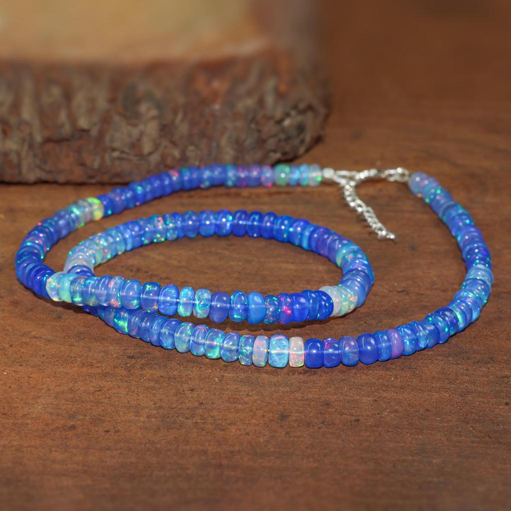Natural Blue Opal Gemstone Dainty Beaded Necklace, Ethiopian Opal Handmade Necklace, Birthstone Necklace, Minimalist Necklace, Gift for Her