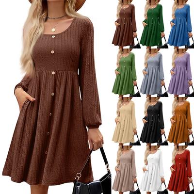 Women's Fashion Round Neck Casual Slim Solid  Waist Long Sleeve Dresses