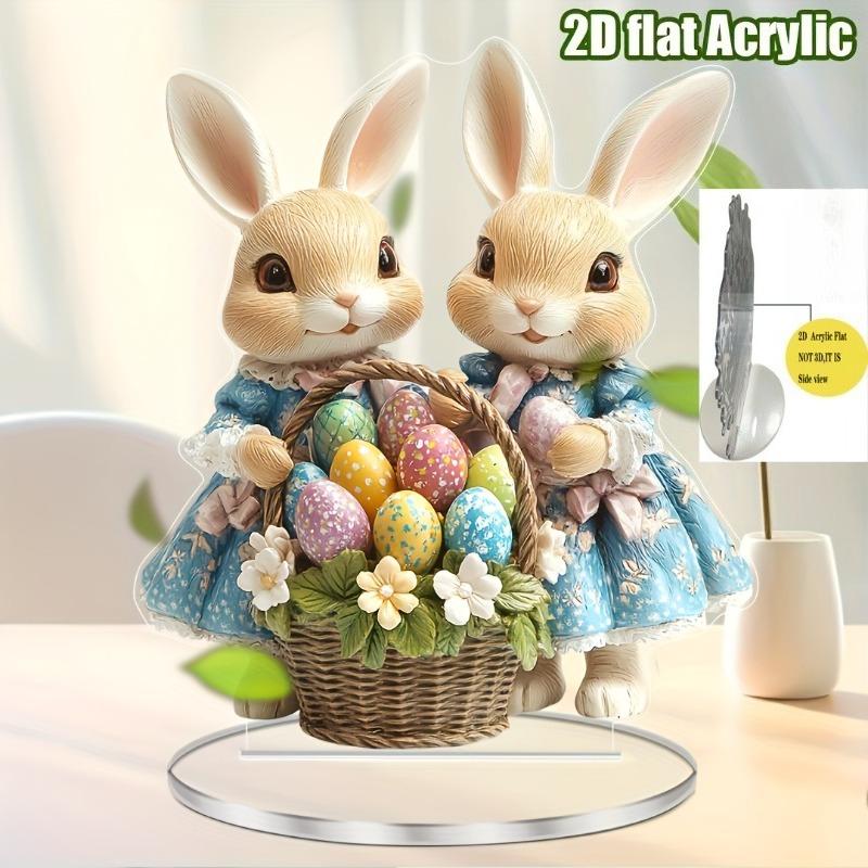 2D Flat Print Style Easter Bunny Acrylic Desktop Decoration, Colored Egg Basket, Suitable for Wall Decoration, Porch, Room, Villa, Accents Home, Hallw