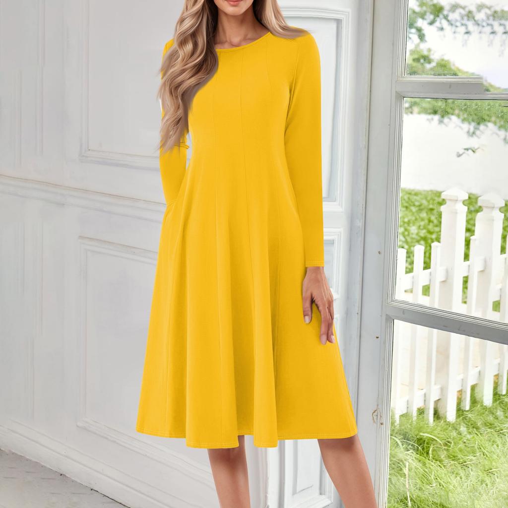 Damen Freizeitmode Rundhals Langarm Farbe Midi Kleid