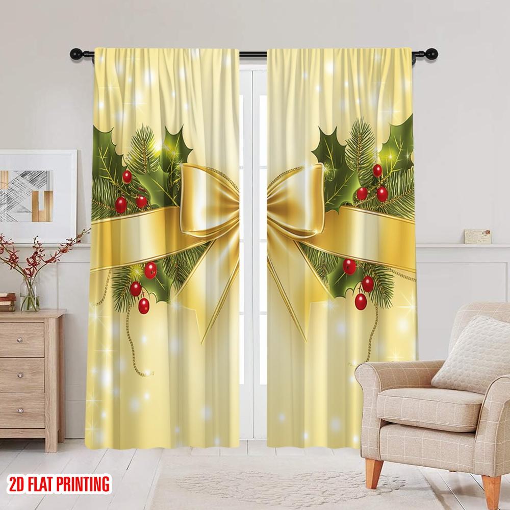 2pcs,2D Plane Printing Popular Curtains Christmas Bow Holly Berries Ornaments (2) Polyester Fabric (without Rod) Room Decor