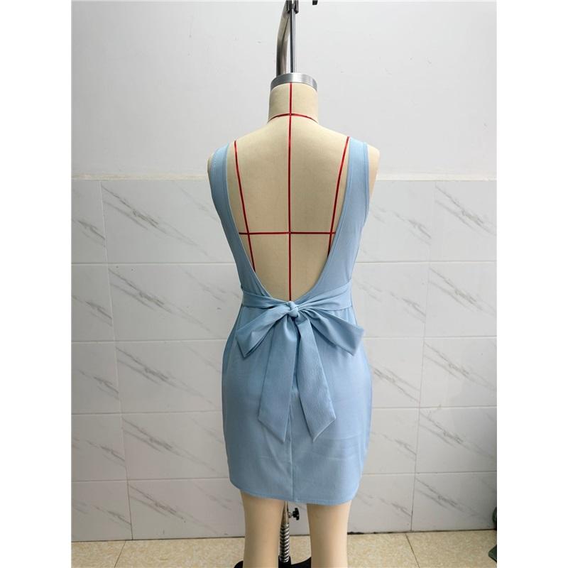 Women Square Neck Sleeveless Mini Dress Backless Bow Tie Design Slim Fit A Line Short Dress Elegant Party Club Bodycon Dress