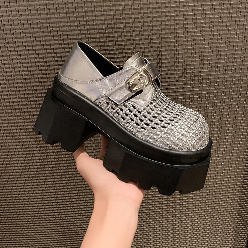Fashion 8.5CM New Synthetic Leather High-heeled Platform Wedge Sandals Women Summer Weaving Breathable High Heels Chunky Sneakers Woman