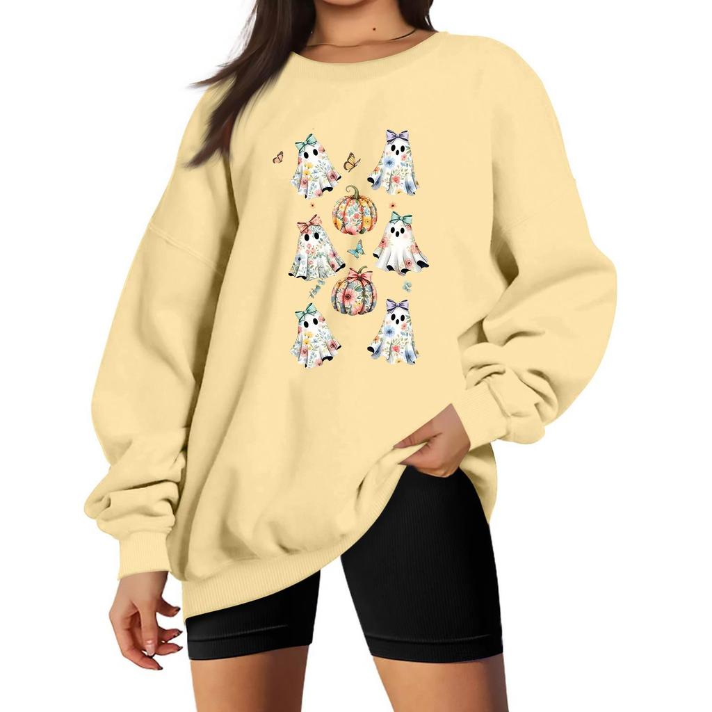Women's Comfortable Casual Sweatshirt with Long Sleeve, Round Neck, Loose Fit, Small Halloween Print and Color Options