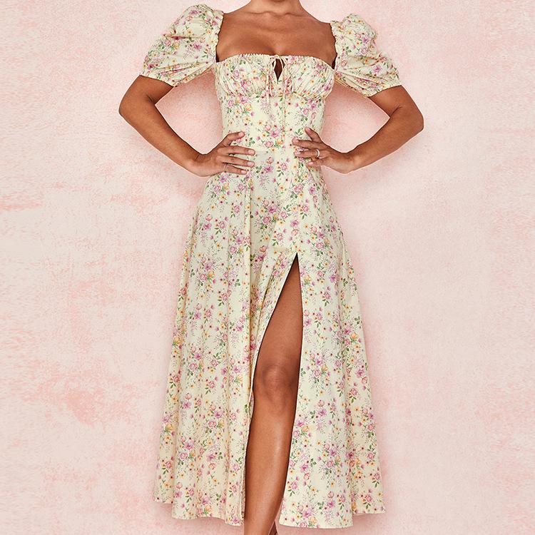 2026 Spring Women's Elegant Floral Slit Lace-up Dress - European & American Style