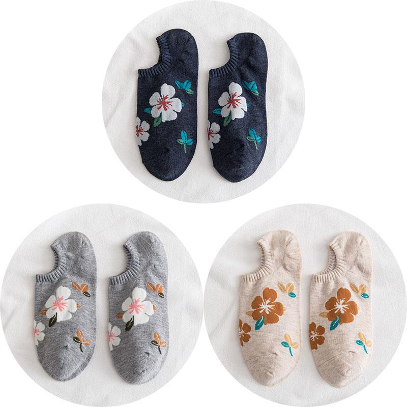 3 Pairs Cotton Socks For Women High Quality Invisible Casual Socks Shallow Mouth Ankle Socks Spring Flower Fashion Female Socks