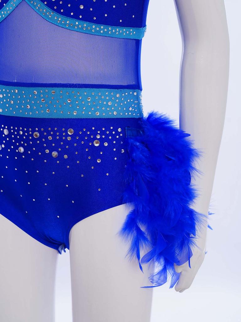 Mädchen Latein Tanzkostüm Ärmellos Ausgeschnittener Rücken Glänzende Strasssteine Colorblock Trikot Federrock Outfit