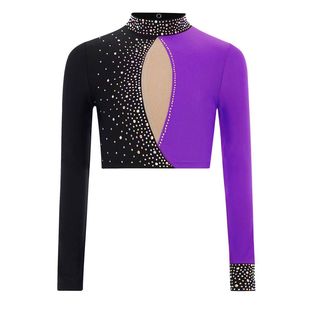 Damska bluzka do łyżwiarstwa figurowego z błyszczącymi cyrkoniami, blokowy design kolorystyczny, crop top z wycięciem na plecach