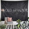 Rugged metallic text "God of War" with a circular emblem on dark texture. Patterned tapestry for bedroom and living room home decor