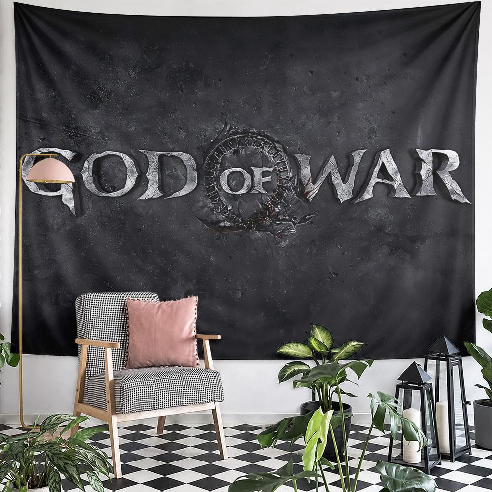 Rugged metallic text "God of War" with a circular emblem on dark texture. Patterned tapestry for bedroom and living room home decor