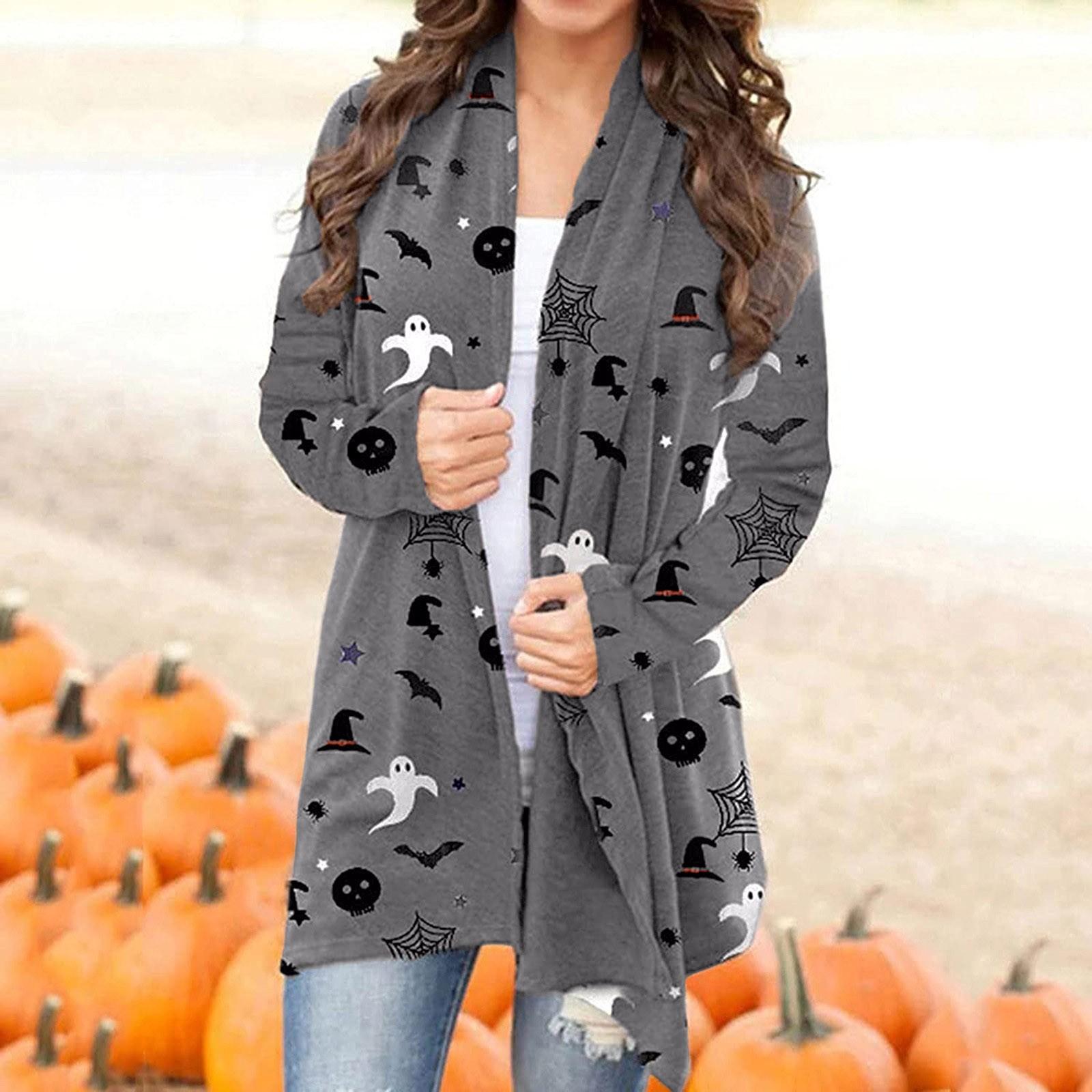 Women s Halloween Long Sleeve Cardigan Cardigan Spooky Pattern Top Coat L