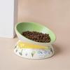 Green Rabbit Ceramic Cat Bowl Non-Slip Diagonal Pet Feeding Bowl Flower Pattern Water Bowl Cervical Vertebra Protection