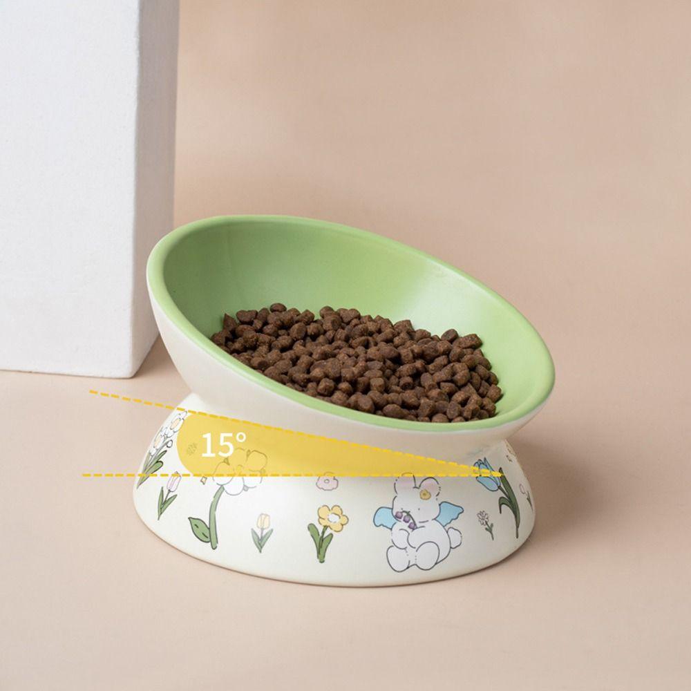 Green Rabbit Ceramic Cat Bowl Non-Slip Diagonal Pet Feeding Bowl Flower Pattern Water Bowl Cervical Vertebra Protection