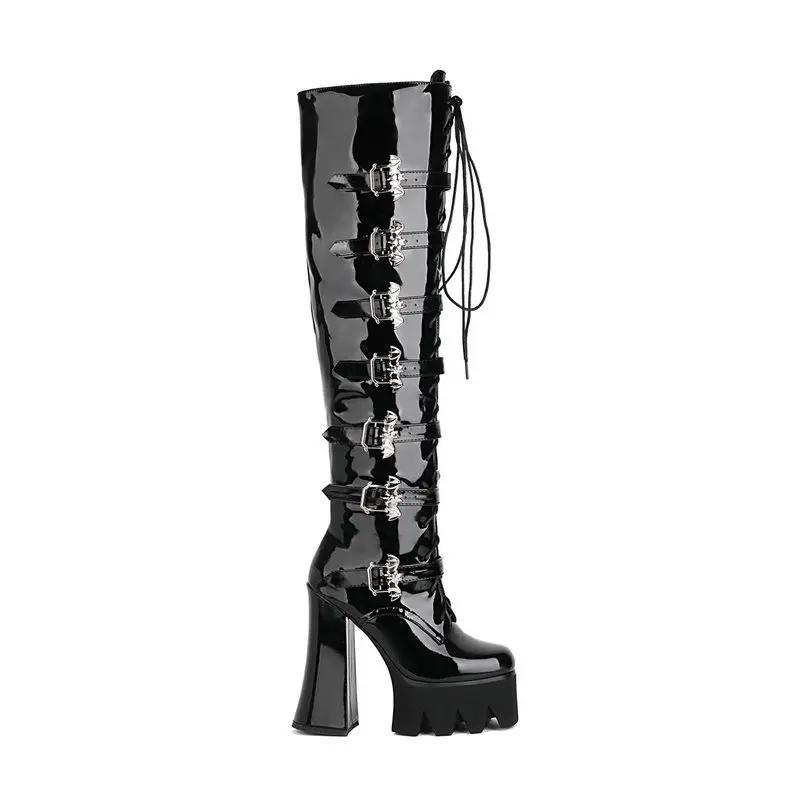 Fashion Lacquer leather women's boots  women's boots thick heel ultra-high heel muffin punk PUNK front lace up high boots