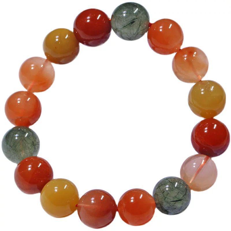 Women's Natural Fulu Shou Multicolor Rutilated Quartz Bracelet with Red, Yellow, and Green Rabbit Hair Crystal