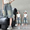 Pantaloni Scurți Denim Rupeți Lungime Până la Genunchi Stil Retro Gotic Y2K cu Imprimeu Stele pentru Fete Adolescente Modă Casual Blugi Capri Până la Mijlocul Gambei