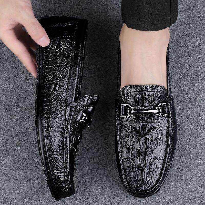 Flat-soled casual shoes men's summer crocodile pattern lazy one-pedal beanie shoes lightweight soft-soled British leather shoes
