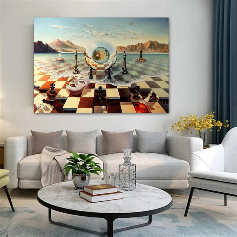 Salvador Dali Surrealism Chess Mask On Sea Canvas Painting Abstract Posters and Prints Wall Art Pictures for Home Decor