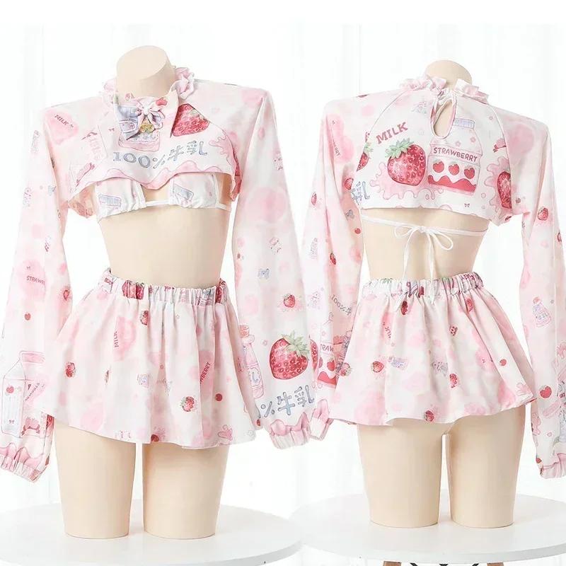 Cow Series Swimsuit Bodysuit Bikini Maid Unifrom Costume Summer Beach Kawaii Girl Swimwear Skirt Uniform Set Cosplay