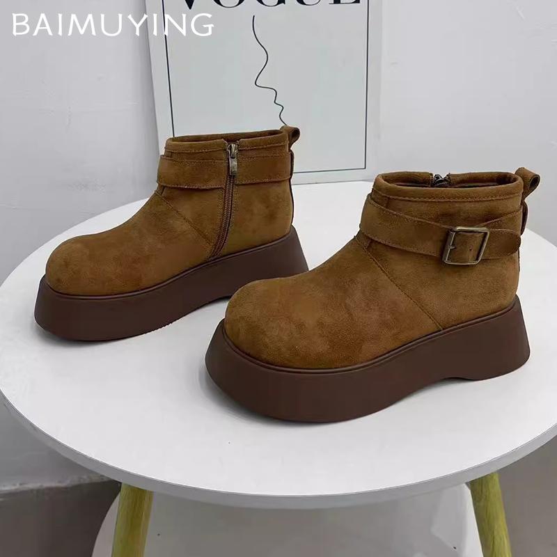 Platform Women Snow Ankle Boots Suede Short Plush Mid Heels Cotton Shoes 2025 Trend Warm Cozy Buckle Winter Designer Botas Mujer