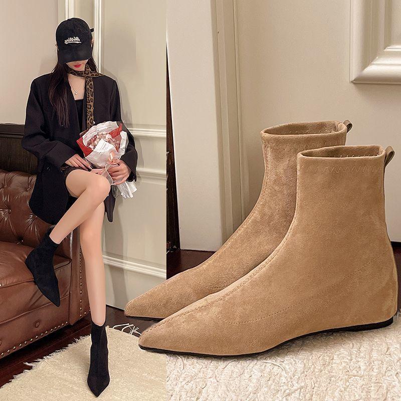 Xiaoxiangfeng thin boots trendy foot cover fashion pointed short boots flat heel temperament