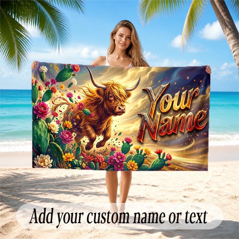 Highland Cow Theme Quick Dry Beach Towel Custom Name Text Print Large Sand Resistant Towel Beach Vacation
