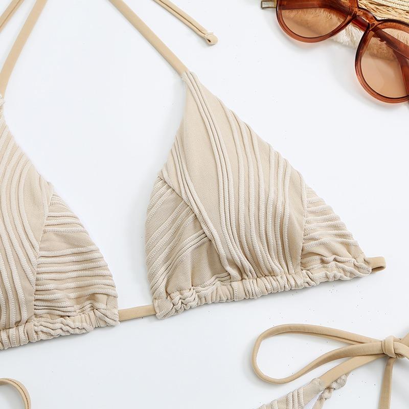 Women's White Ribbed Triangle Bikini Set Tie Side High Cut Thong Swimwear