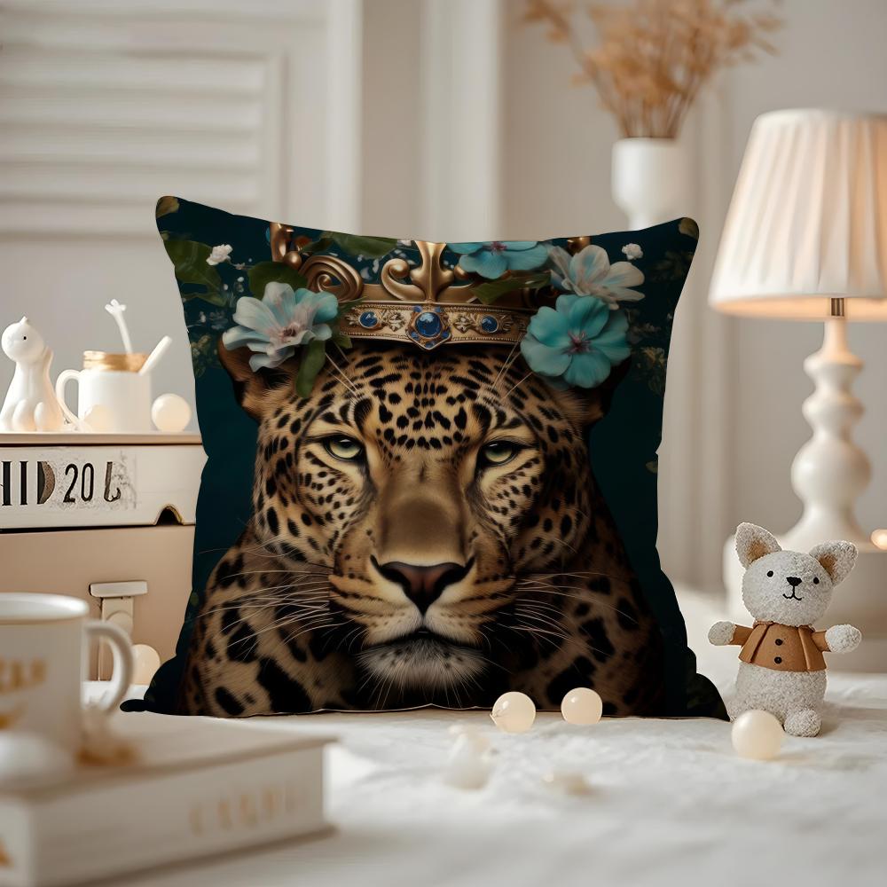 Uropäische Mode Leopard mit Kranz Tiere Porträt Malerei Kissenbezug Hausstaubmilbenabweisender Kissenbezug Verdeckter Reißverschluss Seidiger Shor