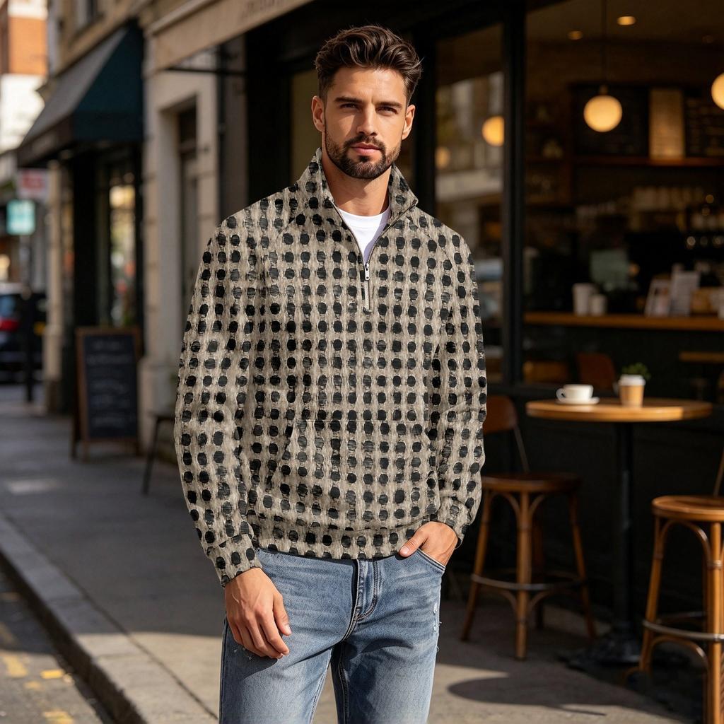 Men's Fall Winter Polka Dot Print Zip Pullover with Stand Collar, Casual Wrinkle- Athletic Top