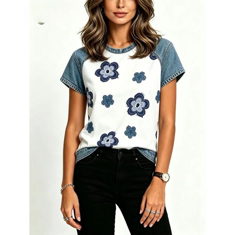 Summer Denim Pattern 3D Print Loose Short Sleeve T-shirt Breathable Women Casual Comfortable Creative Versatile Sports T-shirt