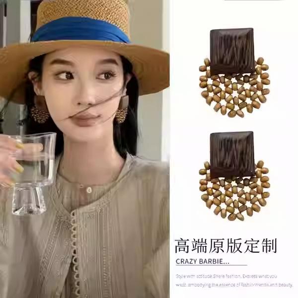 Bohemian wood woven earrings niche design cool wind fashionable versatile earrings women