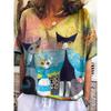 Women's V-neck Short-sleeved T-shirt with Cute Kitten Print