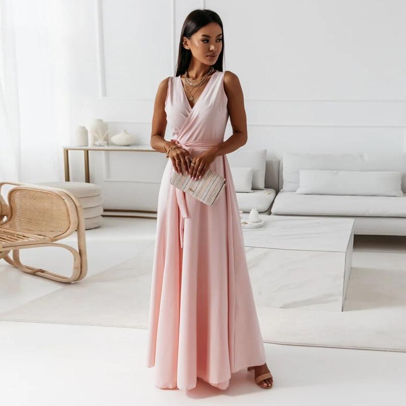 

Cross V-neck Sleeveless Lace-up Waist Party Dress Spring and Summer Evening A-line Long Dresses New Loose Casual Elegant Solid Color Clothing S розовый