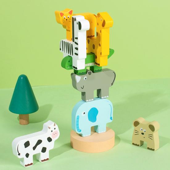 1 Set Wooden Block Matching Stacking Game Animal Mini Man Block Balance Game