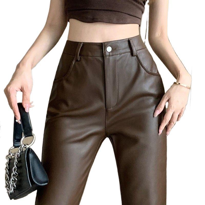 Women's Plus Size Retro High Waist PU Leather Flare Pants (Korean Style, 2026 Spring/Autumn)