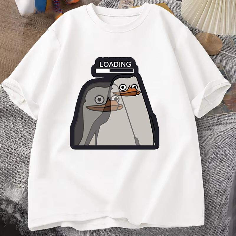 New Funny Loading Letter Cartoon Penguin Printing T Shirt Short Sleeve Round Neck Summer Casual Tshirt Top Women Clothing