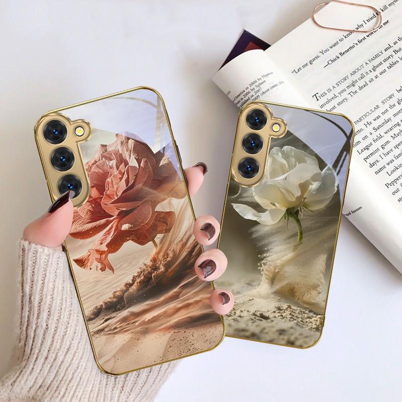 Vintage Wüstenrosa Rose Für Samsung Galaxy S26 S20 FE S21 S22 S23 Plus S24 Ultra S25Ultra S21+ S22Plus Goldenes Glas Handyhülle