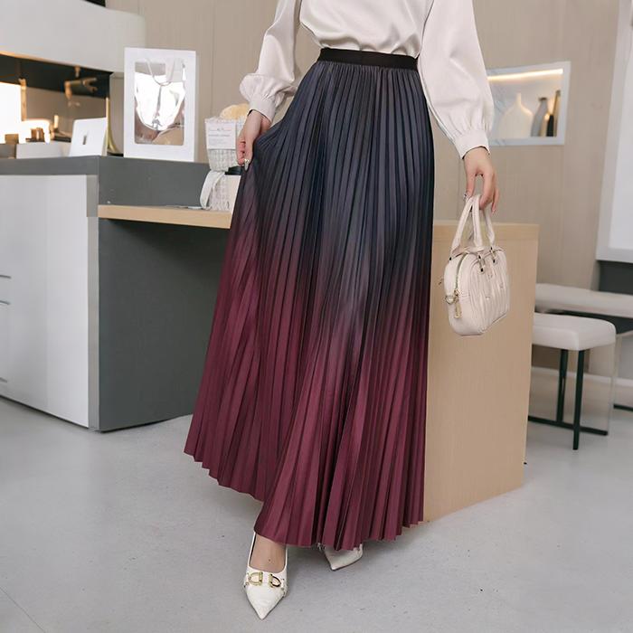 Women Spring Fall High Waist All Match Gradient Color Pleated A Line Skirt