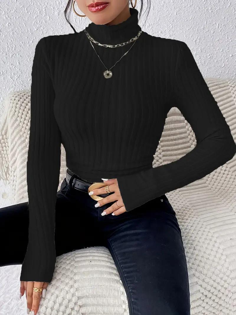 

Plus Size Women s High Neck Solid Color Ribbed Knit Long Sleeve Top for Autumn and Winter 5XL чорний