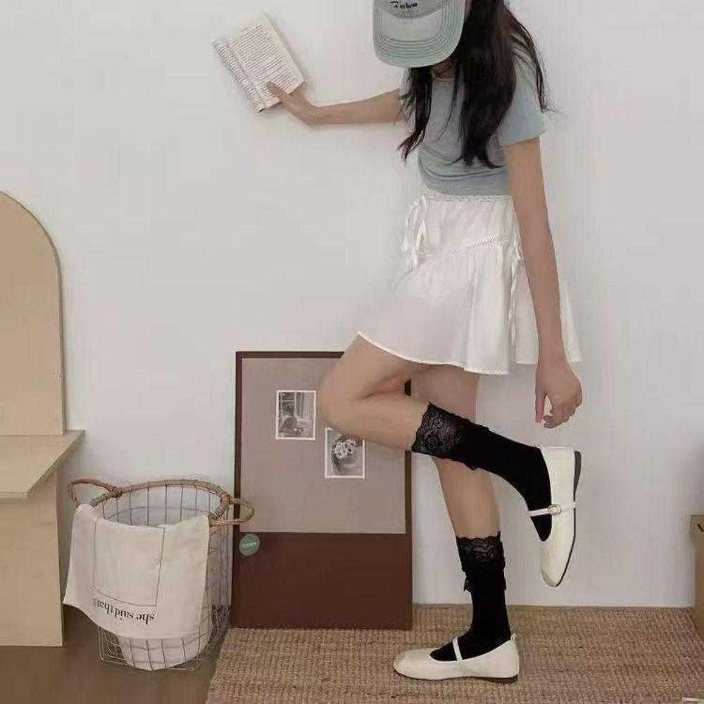 1Pair Lace Edge Long Tight Socks Solid Color Calf Socks Fashion Boot Socks Girl